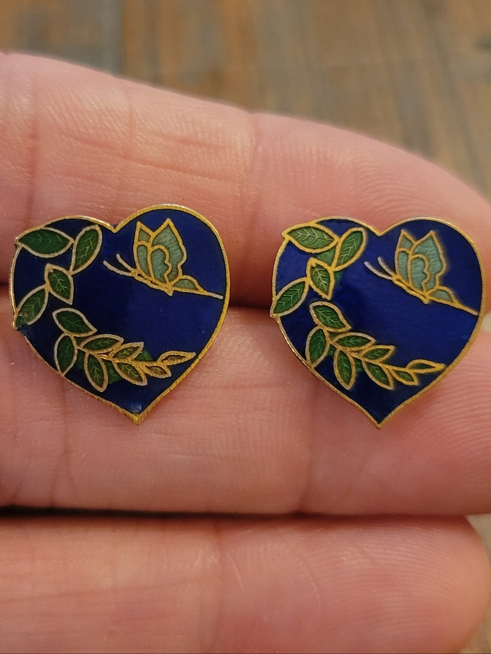 Vintage Cloisonné Enamel Butterfly Heart Earrings